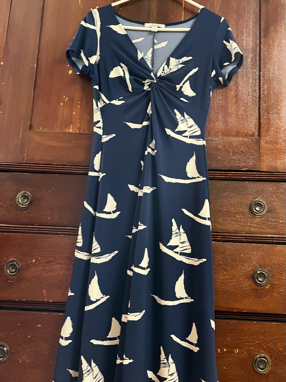 Navy Sailboat Twist-Front stretchy Dress nautical - Picture 2 of 11